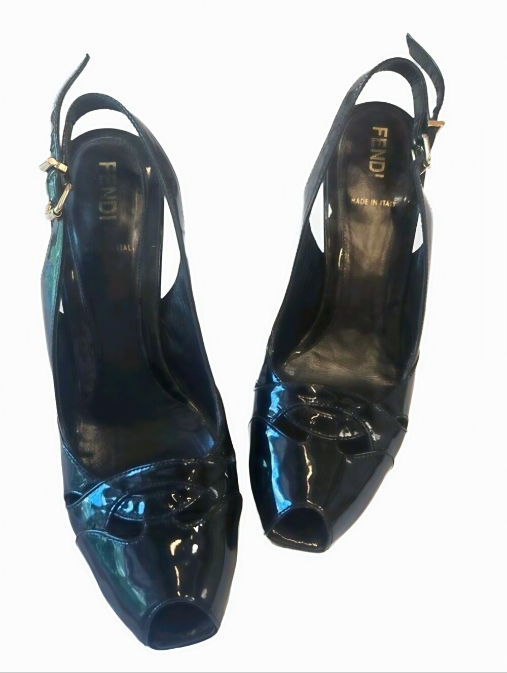 Authentic Fendi Black Patent Leather Peep-Toe Slingback Pumps 38